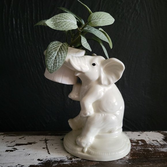 Vintage QQ Ceramic White Elephant Holding Barrel with Trunk, Elephant FIgurine - Picture 2 of 8